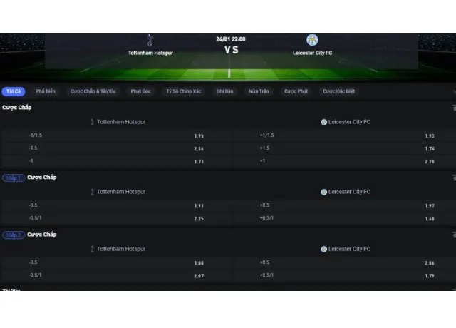 bảng tỷ lệ kèo Tottenham vs Leicester